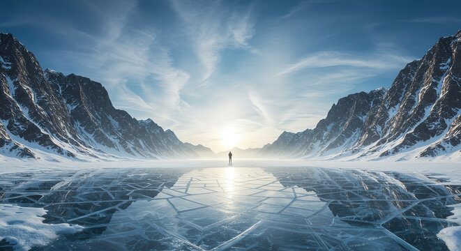 A lone figure stands on a vast frozen lake reflecting the majestic snow-capped mountains and a bright sun in a dramatic, cold landscape.