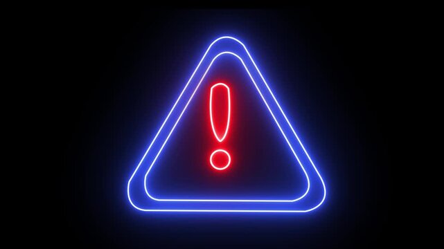 Animated neon warning sign with a red exclamation mark inside a blue triangle on a dark background, abstract motion graphic, caution alert symbol looping animation.	