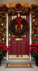 Festive Christmas Door Decoration Welcoming Guests with Holiday Cheer and Elegance, Season's Greetings