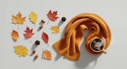 Cozy Autumn Flat Lay Warm Scarf, Acorns, and Maple Leaves with a Cup of Coffee