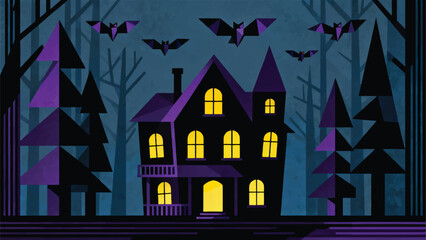Haunted House Illustration With Glowing Windows And Flying Bats, Halloween  Vector Design Template