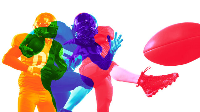 American football player in colorful overlap collage during active play. Concept of strength, action, collaboration for athletic campaigns, sports education, and league media visuals.