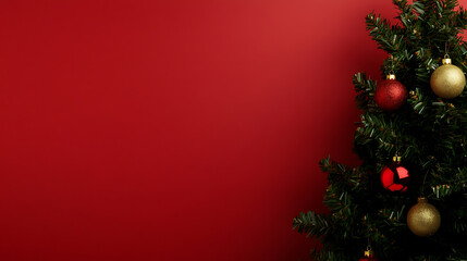 Festive evergreen with colorful ornaments against a solid red backdrop; simple, celebratory imagery. Suitable for holiday-themed projects.
