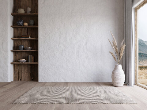 Empty room interior with wooden shelf and stucco wall. 3d rendering