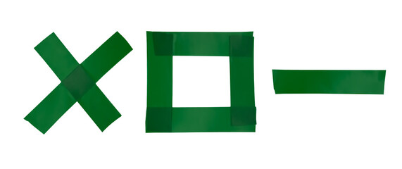 Set of green adhesive tape shapes isolated on transparent background. Crossed, square, and straight duct tape pieces with glossy texture for mockup, labels, scrapbooking, or graphic design projects. 