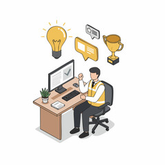 Isometric Man Working from Home with Idea Bulb and Trophy Illustration