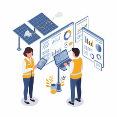 Isometric Solar Panel Energy Data Analysis Illustration with Technician