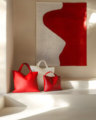 Red and white minimalist fashion bags and abstract art on sunlit interior ledge, modern lifestyle aesthetic