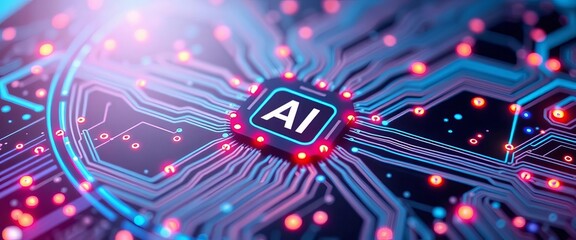 Abstract glowing circuit board with central node depicting AI control, network, icon