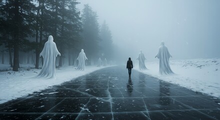 A lone figure walks on a cracked icy road surrounded by mysterious cloaked entities in a foggy winter landscape.