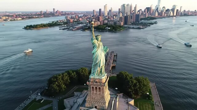 Aerial orbital video of majestic statue of liberty, copper green patina, new york city skyline, hudson river, golden hour light, tranquil landmark vista.