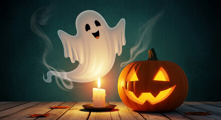 Smiling ghost near lit candle and carved pumpkin on wooden surface, autumn leaves scattered, dark background Halloween scene, spooky yet playful