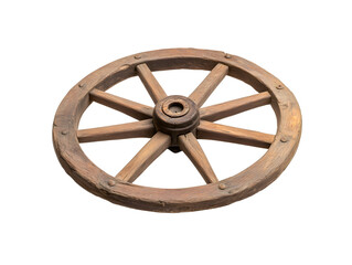 Brown wood shows rustic texture and aged patina on a vintage wheel for historical illustration, set design.