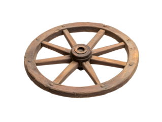 Brown wood shows rustic texture and aged patina on a vintage wheel for historical illustration, set design.