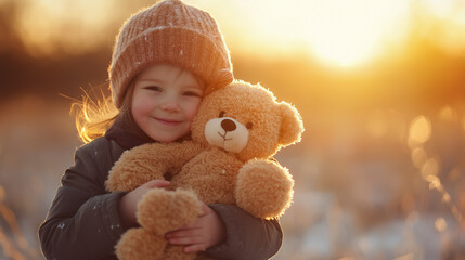 Young child smiling while hugging teddy bear outdoors at sunset  