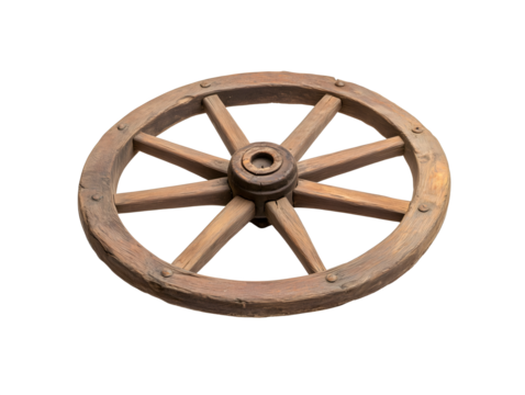 Brown wood shows rustic texture and aged patina on a vintage wheel for historical illustration, set design.