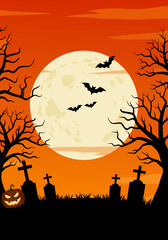 Halloween Night Background Eerie Landscape with Moon, Bats, and Tombstones