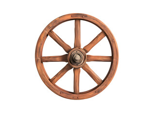 Rustic wooden wheel shows aged texture with vintage style on white. Great for product photography, posters, and retro themed branding.