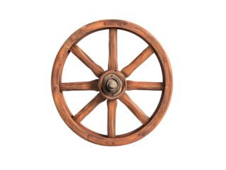 Rustic wooden wheel shows aged texture with vintage style on white. Great for product photography, posters, and retro themed branding.