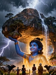 Lord krishna lifts govardhan hill, protecting villagers and cattle from indras wrath during a storm