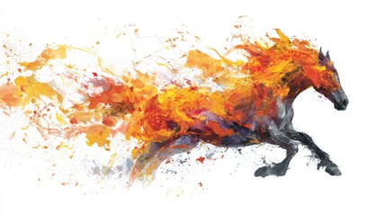 Dynamic image of a horse running forward white its body transforms into flames and splashes of colors on white background. Fire horse New Year 2026 illustration. Generative AI