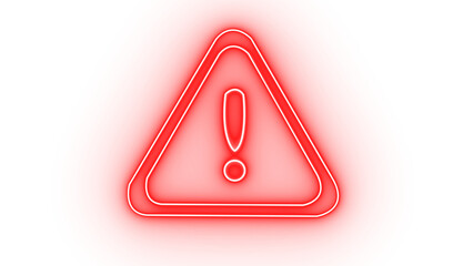 Red warning triangle with an exclamation mark icon, neon white outline, glowing effect, abstract gradient background, isolated on transparent background © Moynul Haque