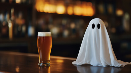 Halloween night: A pint of beer shares the bar with a charming ghost. Spooky meets spirits in a festive celebration. Cheers to eerie fun!