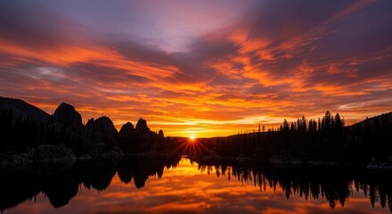 Beautiful sunset landscape nature lake reflection water sky clouds mountains trees scenic travel outdoor dusk view