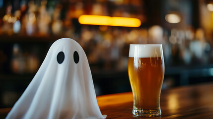A spooky specter sits beside a pint of chilled brew, ready for a hauntingly good time in the dim lights of an inviting bar. Cheers to spooky spirits!