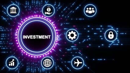 Investment Concept with Neon Circuitry and Business Icons digital technology