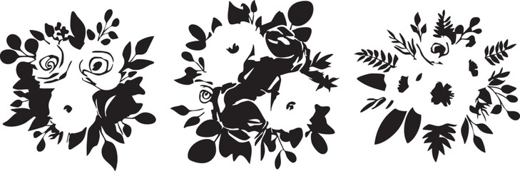 Naklejka premium Black and white floral vector set: flower bouquet clipart, botanical illustration, svg cut files eps silhouette