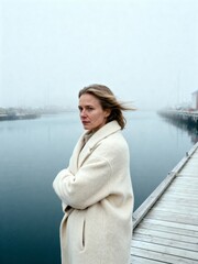 Fototapeta premium Woman in a white coat standing on a pier with arms crossed, looking out at the water on a foggy day