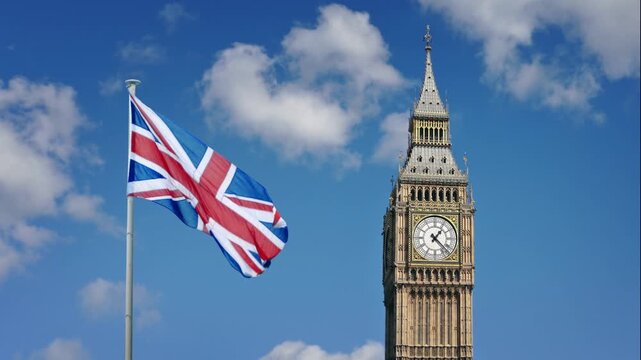 Big Ben Clock Tower With Flag Blowing