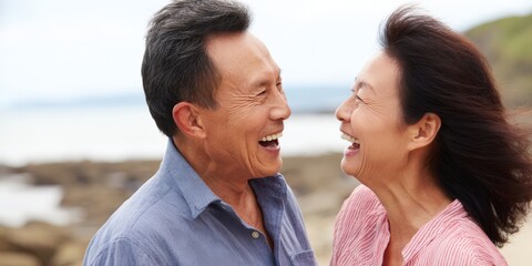 Fototapeta premium Senior asian couple enjoying laughter and happiness on beach