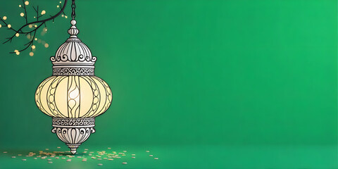 Ramadan Background  Islamic Lanterns Hanging on Branches with Warm Light and Green Background Ramadan or Eid Concept. Green, natural, outdoor Background