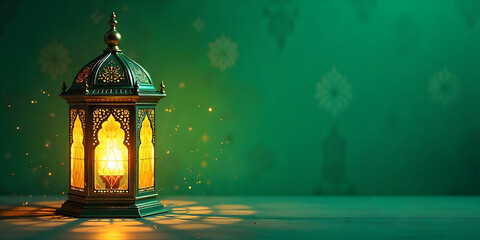 Ramadan Background  Islamic Lanterns Hanging on Branches with Warm Light and Green Background Ramadan or Eid Concept. Green, natural, outdoor Background