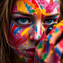 Vibrant Artistic Close-Up Portrait of Blue-Eyed Woman in Holi Festival with Colorful Face Paint Splatter and Bold Red Lips