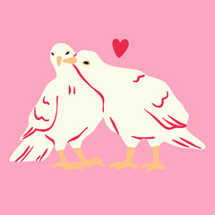 Two white doves in love. Couple of pigeon birds. Hand drawn Vector illustration. Valentine's Day, love, romance, togetherness concept. Print, greeting, postcard template. Isolated design element