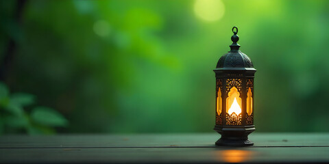 Ramadan Background  Islamic Lanterns Hanging on Branches with Warm Light and Green Background Ramadan or Eid Concept. Green, natural, outdoor Background