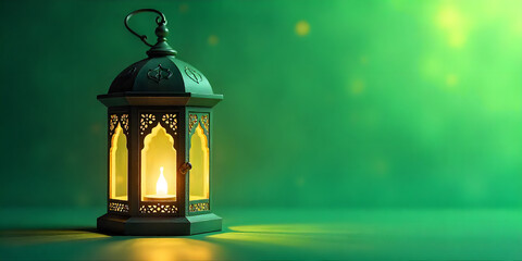 Ramadan Background  Islamic Lanterns Hanging on Branches with Warm Light and Green Background Ramadan or Eid Concept. Green, natural, outdoor Background