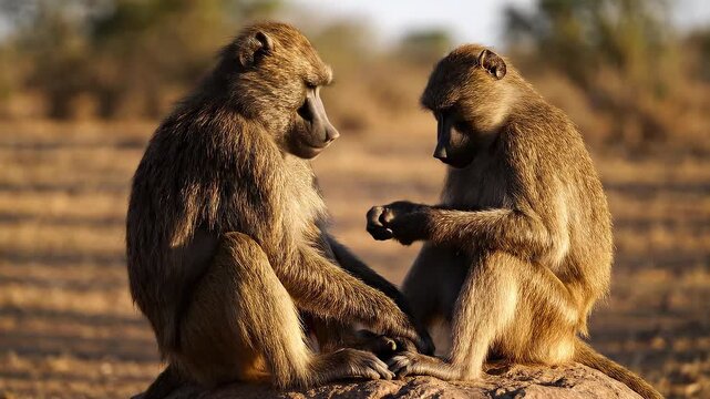 Two baboons engaged in a calm face to face conversation