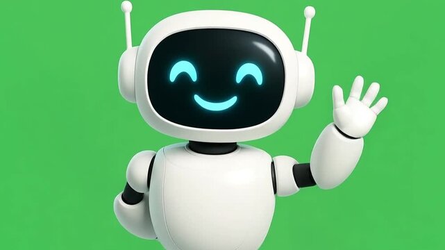 Friendly robot character with a smiling face and waving hand, showcasing a modern design with a white body and black accents against a vibrant green background