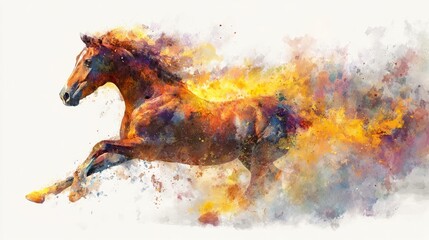 Dynamic image of a horse running forward white its body transforms into flames and splashes of colors on white background. Fire horse New Year 2026 illustration. Generative AI