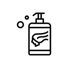 Black Outline Icon of a Dispenser Bottle with Soap Bubbles and a Wiping Hand Graphic on a Transparent Background