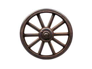 Brown, aged wheel features rustic texture. Soft light accentuates its antique character, suitable for history-themed backgrounds, vintage designs.