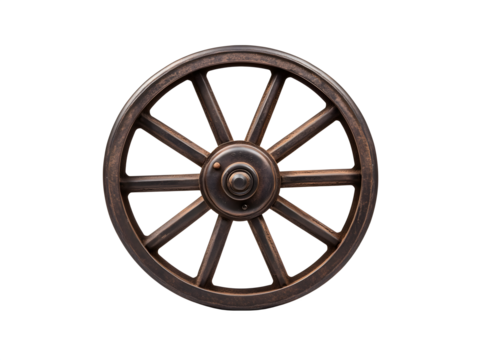 Brown, aged wheel features rustic texture. Soft light accentuates its antique character, suitable for history-themed backgrounds, vintage designs.