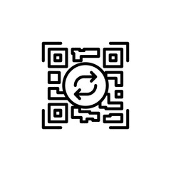 Black outline of a QR code with a circular arrow icon inside on a transparent background representing data scanning and digital information transfer in technology and commerce