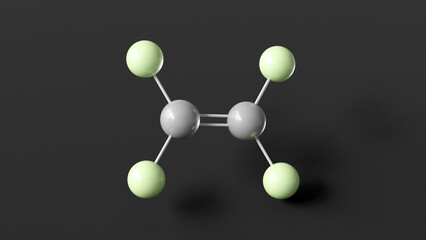 tetrafluoroethylene molecule 3d, molecular structure, ball and stick model, structural chemical formula monomer