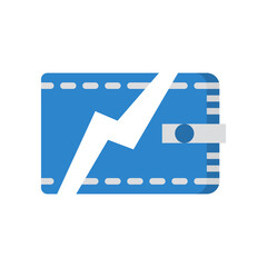 Blue wallet with white lightning bolt symbol across the front showing a financial graph on a transparent background