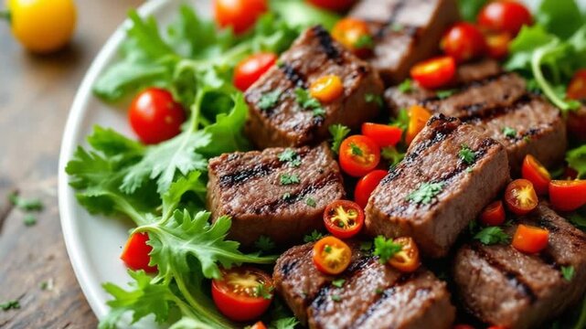 Delicious Steak Salad with Fresh Tomatoes and Greens - A Healthy and Flavorful Meal.